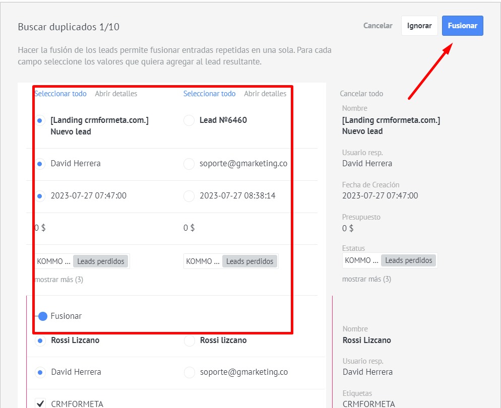 fusionar duplicados de kommo